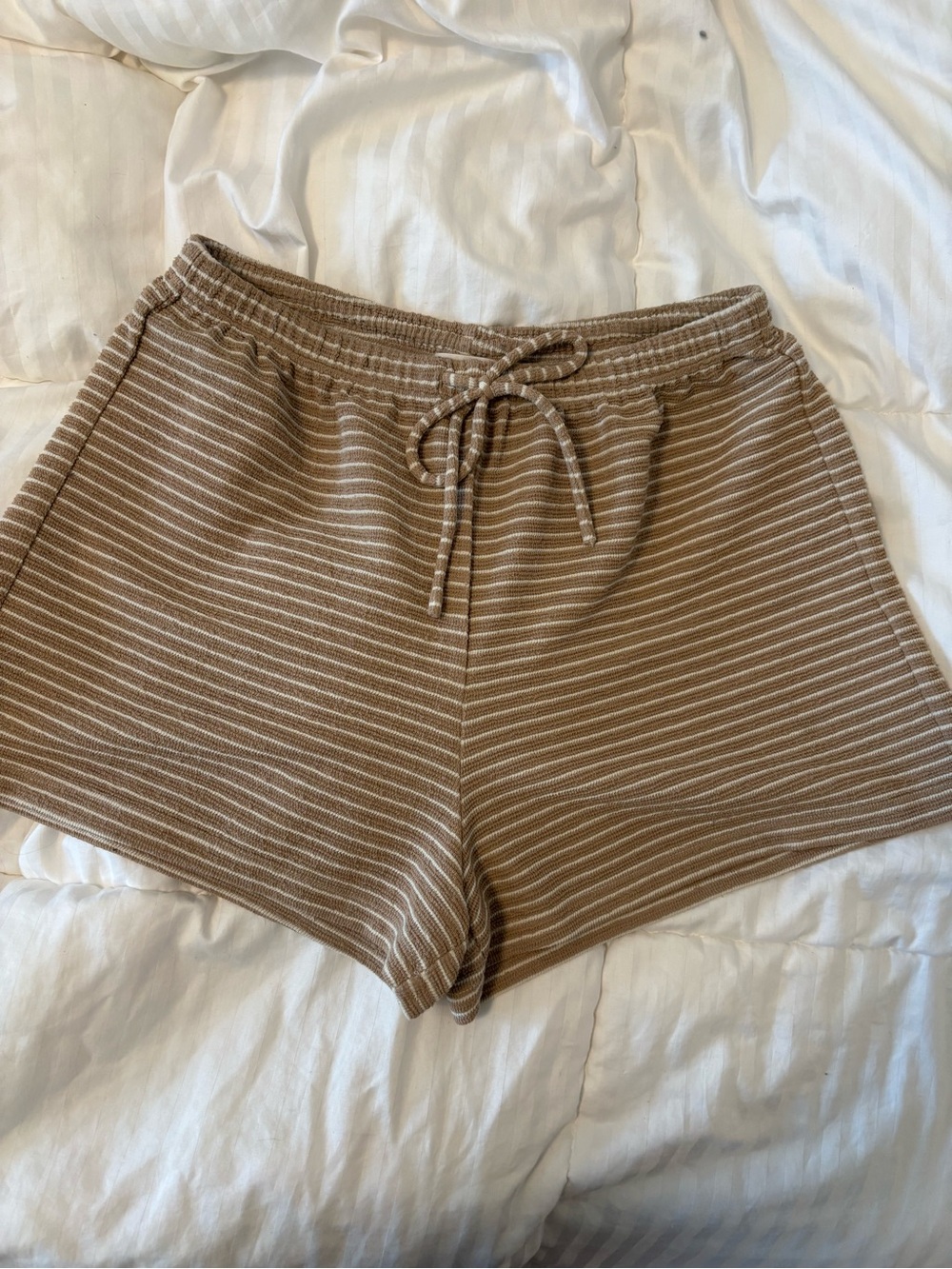 Reformation Brown and Cream Striped Knit Drawstring Shorts Small